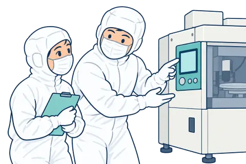 先輩と一緒に装置の操作を学ぶ作業者のイラスト