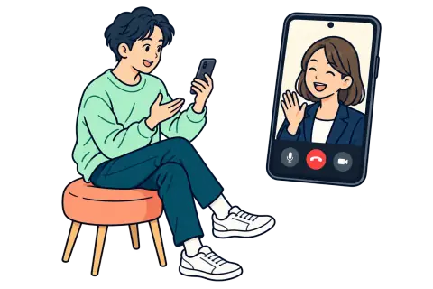 スマートフォンで採用担当と話す男性のイラスト